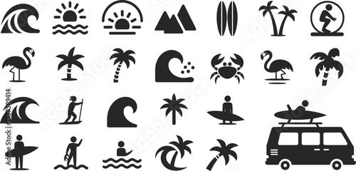 Collection of black silhouette icons representing beach and summer activities Keywords: beach, summer, vacation, surf, surfing