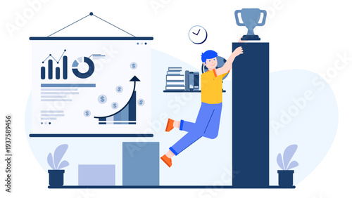 A man reaching for a trophy on top of a tall column representing business success and hitting growth targets