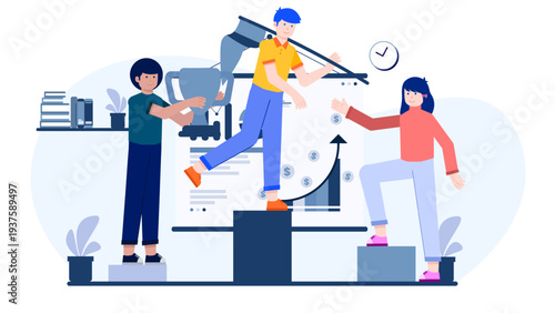 A flat design illustration showing a leader helping team members climb steps toward a trophy and growth chart