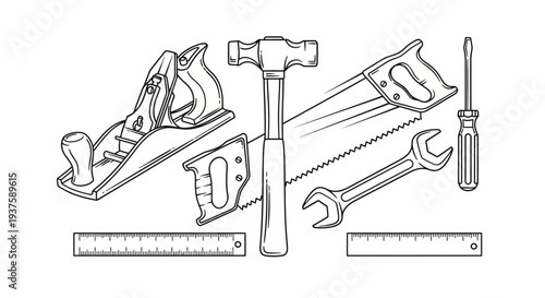 Vintage Woodworking Tools Collection: Hand Plane, Hammer, Saw, Wrenches, Screwdriver, Rulers