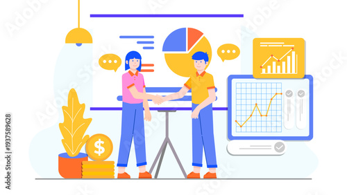 Business professionals making a deal with a handshake in front of a presentation board and financial analytics