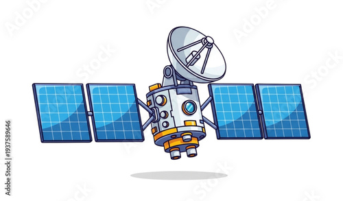 A cartoon illustration of a satellite with solar panels in space