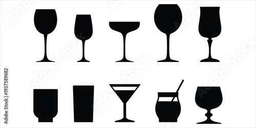 Collection of black silhouette drinkware and glassware on white background Keywords: glass, wine glass, champagne flute, martini