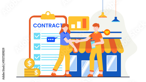 Business partners shaking hands in front of a shop and a signed contract clipboard