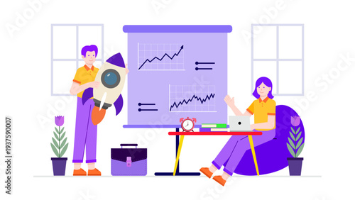 A professional team preparing for a business launch with a rocket ship model and growth charts