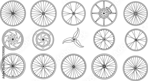 Collection of bicycle wheel outlines and a three-bladed propeller on a white background Keywords: bicycle, bike, wheel, wheels