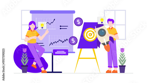 Creative team members discussing a business launch strategy with targets, lightbulbs, and financial icons