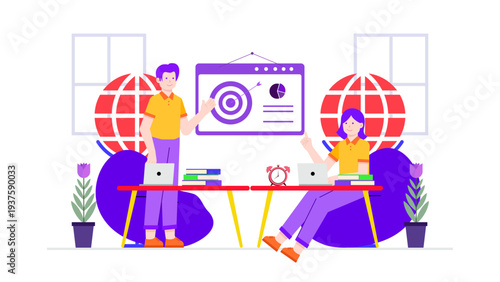 Business partners discussing global project goals and targets with a digital screen and globe symbols