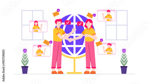 Two business people shaking hands in front of a globe while digital messages and video profiles float around them