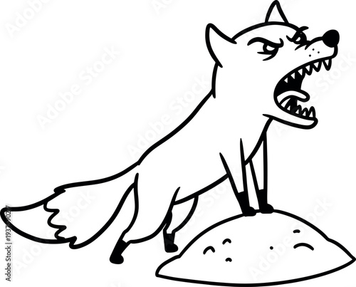 Cartoon Angry Wolf Standing on Rock with Open Mouth and Bared Teeth in Black and White Illustration