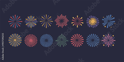 A stylized 2D illustration of colorful fireworks exploding in the night sky