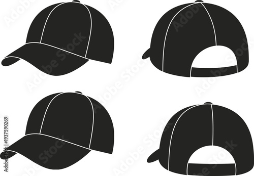 Black Silhouette Baseball Cap Icons in Front and Back Views Keywords: baseball cap, hat, headwear, silhouette, icon