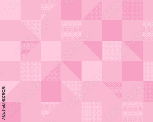 ピンク色の和風幾何学模様の背景素材。伝統的な和柄（青海波や格子）をモダンなタイル状に組み合わせた抽象的なデザイン。春のセール、和菓子、化粧品のパッケージやメッセージカードに最適な華やかな背景イラスト。
