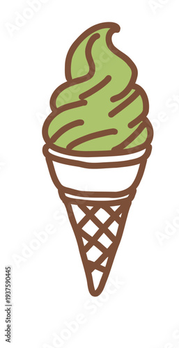 Matcha Green Tea Soft Serve Ice Cream on Waffle Cone Illustration