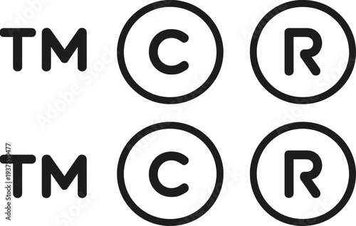 Black and white icons for trademark, copyright, and registered symbols Keywords: trademark, copyright, registered, symbol, icon