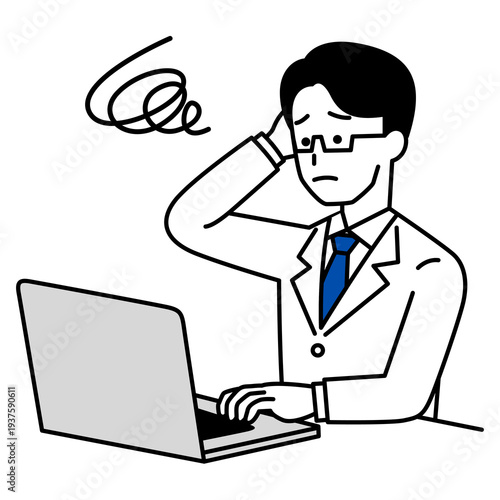 ノートパソコンでの仕事で困っている医師の男性