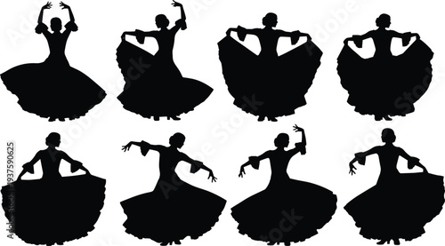Flamenco dancer silhouettes collection, Spanish traditional dance poses with flowing dress isolated on white background set