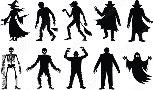 Halloween monster silhouettes collection, witch vampire werewolf skeleton ghost characters isolated on white background spooky illustration set