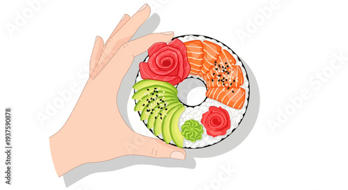 Delicious sushi plate with salmon, avocado, and tuna