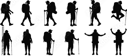 Hiker and backpacker silhouettes collection with trekking poles and backpacks, adventure travel hiking people set isolated on white background