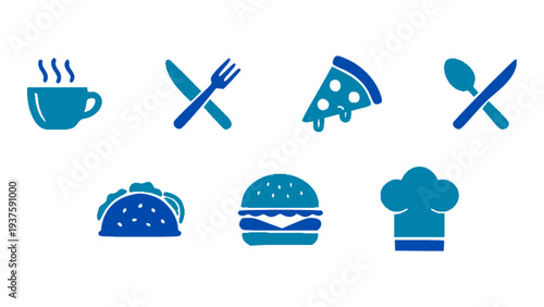 Modern blue fast food icon collection including burger, taco, pizza slice, coffee cup, and chef hat.