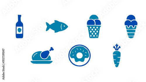 Simple blue icon set including ice cream cones, fish, donut, teapot, carrot, and bottle.