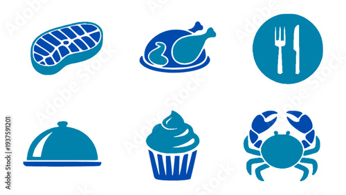 Modern blue restaurant icon set featuring steak, roast chicken, cupcake, crab, and serving tray.