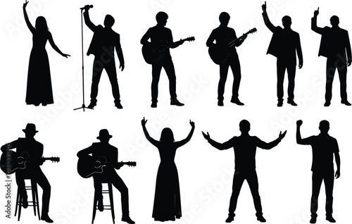 Music band performer silhouettes collection, singers and guitarists on stage with microphone, live concert performance isolated on white