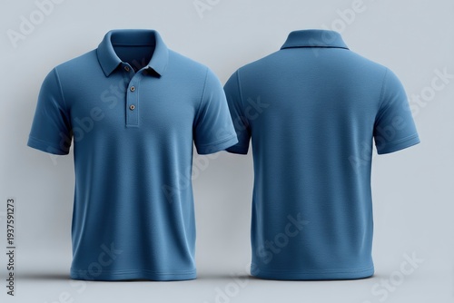 Front and back views of a textured blue polo shirt with a collar and buttons on a light backdrop