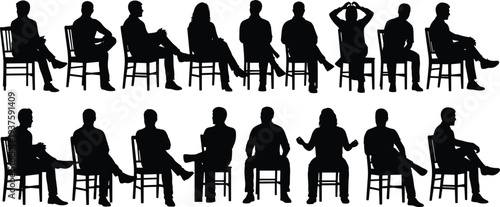 People sitting on chair silhouettes set, men and women seated poses isolated on white background vector illustration