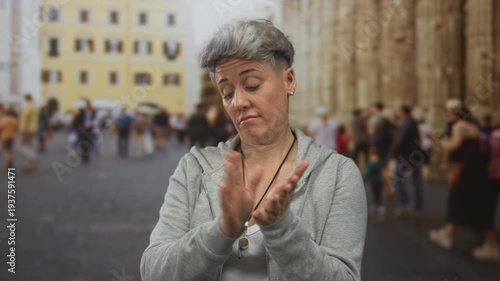 Shorthaired caucasian woman clapping hands on cobblestone street wearing gray hoodie over white tank top; approval.
