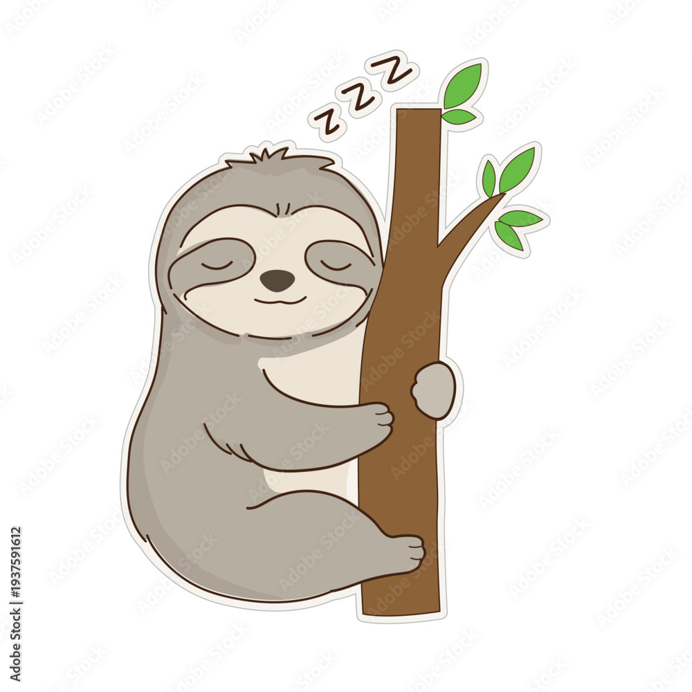 Obraz premium Sleeping Sloth Character Hugging Tree Branch Vector Illustration