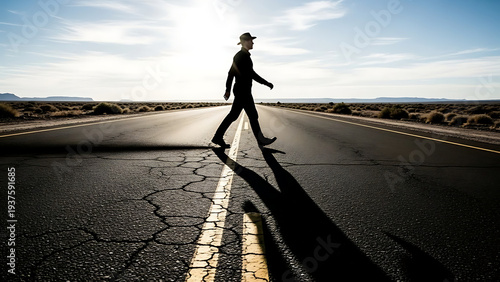 A solitary figure walks across a long, empty road under the bright sun, casting a long shadow on the asphalt, symbolizing journeys and determination