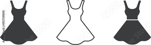 Dress icon collection, fashion silhouette, sleeveless gown, fitted bodice, flared skirt, belt detail, minimalist outline, clothing design, apparel vector, stylish illustration