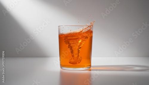 Orange Liquid Swirling and Splashing in a Clear Glass on a Light Background with Dynamic Lighting
