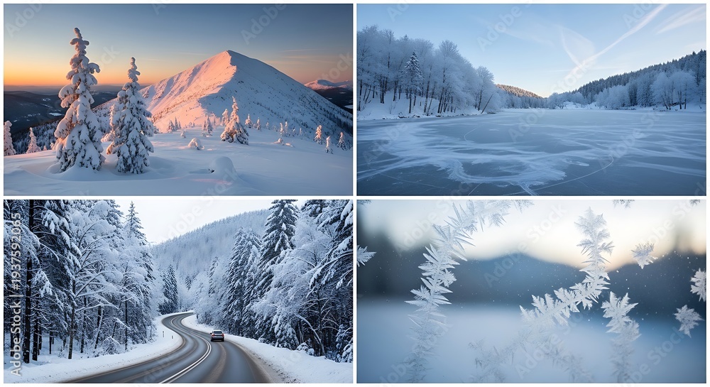 Naklejka premium Breathtaking winter wonderland photos featuring serene snowy landscapes, majestic mountains, and delicate frost patterns