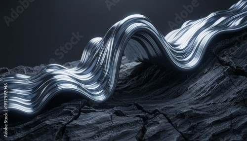 Shiny Wavy Metallic Chrome Surface On Dark Cracked Ground Abstract 3D Render