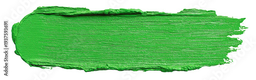 A vibrant, textured stroke of bright green paint on a stark black background