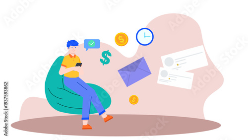 A man sitting on a bean bag using his phone to process digital payments with floating money symbols and message icons