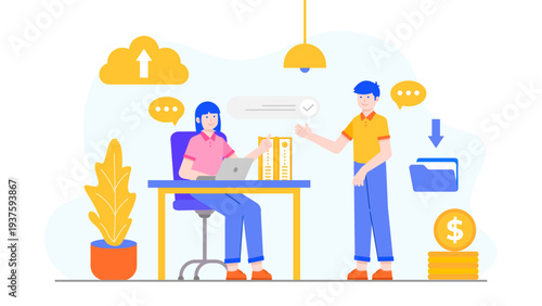 Two professionals collaborating in a modern office environment using cloud storage and digital file sharing tools