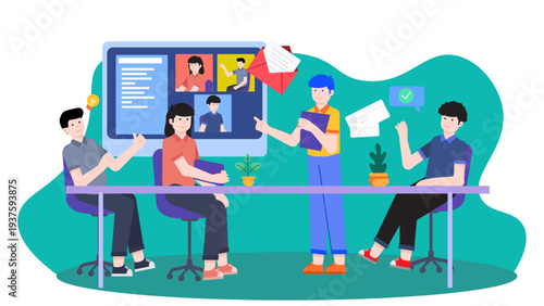 A professional team having a meeting to manage online orders and customer communications displayed on a large screen