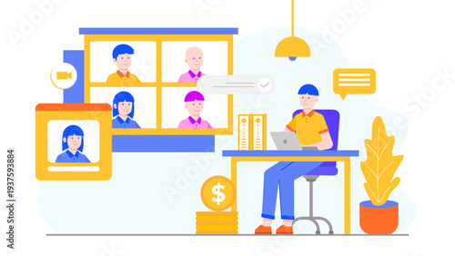 A man working at his desk while participating in a video conference with multiple colleagues on floating screens