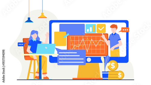 People collaborating remotely using a large digital screen with data charts and communication bubbles