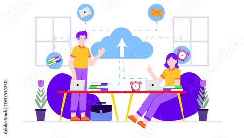 Two professionals working on laptops at a modern desk with icons representing email and files connected to a central cloud storage system