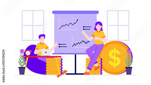 Professionals presenting financial growth charts and sitting on stacks of gold coins for capital funding