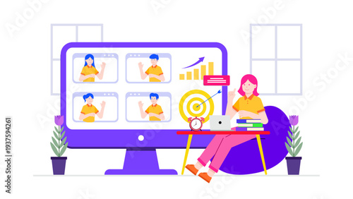 A woman sitting on a bean bag using a laptop for a video conference with four colleagues displayed on a large monitor featuring growth charts and targets