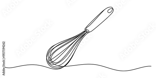 Whisk on table, kitchen tool, cooking utensil, simple line drawing