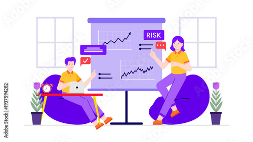 Team of experts analyzing market volatility and risk factors on a presentation board for strategic planning