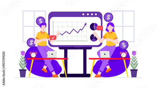 Two business people managing corporate budget and financial schedules using large digital data monitors