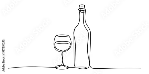 Wine bottle and glass, simple line drawing, minimalistic art, alcohol, drink